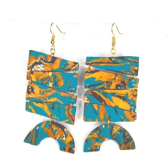 Bohemian dangle women's earrings, teal, black, gold, handmade, hypoallergenic - Picture 1 of 3